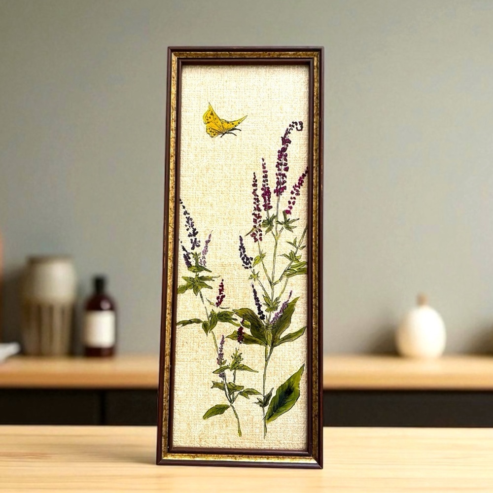 Reverse painting on glass,vintage, botanical with butterfly, excellent condition